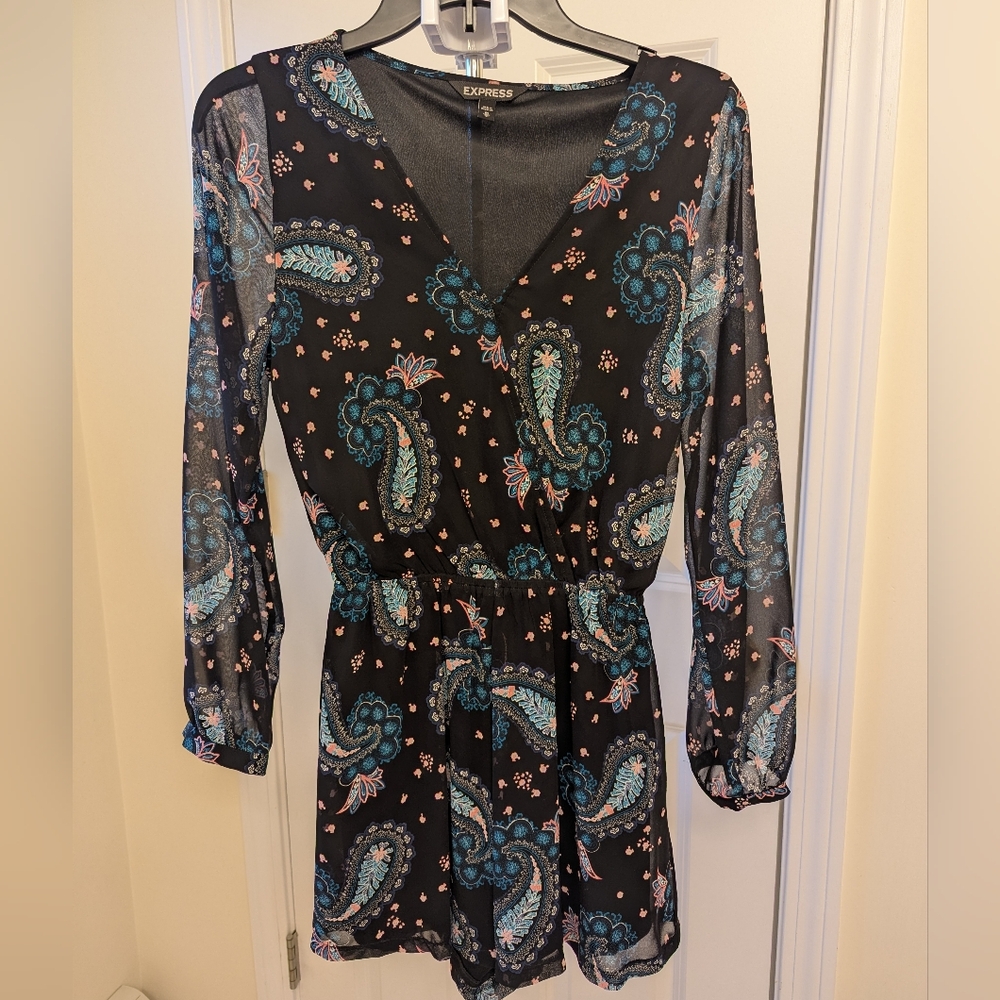 Express Blue and Black Jumpsuit with V-Neck and Bishop Sleeves